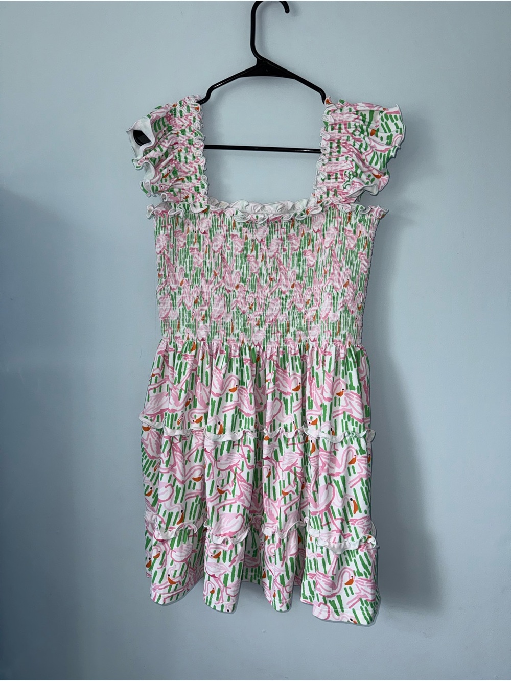 Smocked Ruffle Strap Mini Dress in Pink & Green